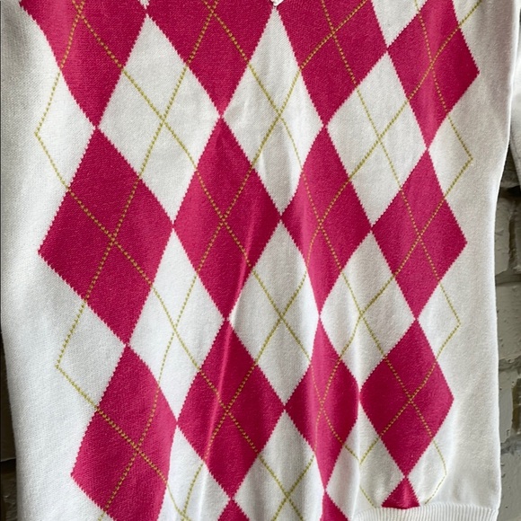 J. Crew V-Neck Sweater in Pink and White Argyle - Picture 4 of 12